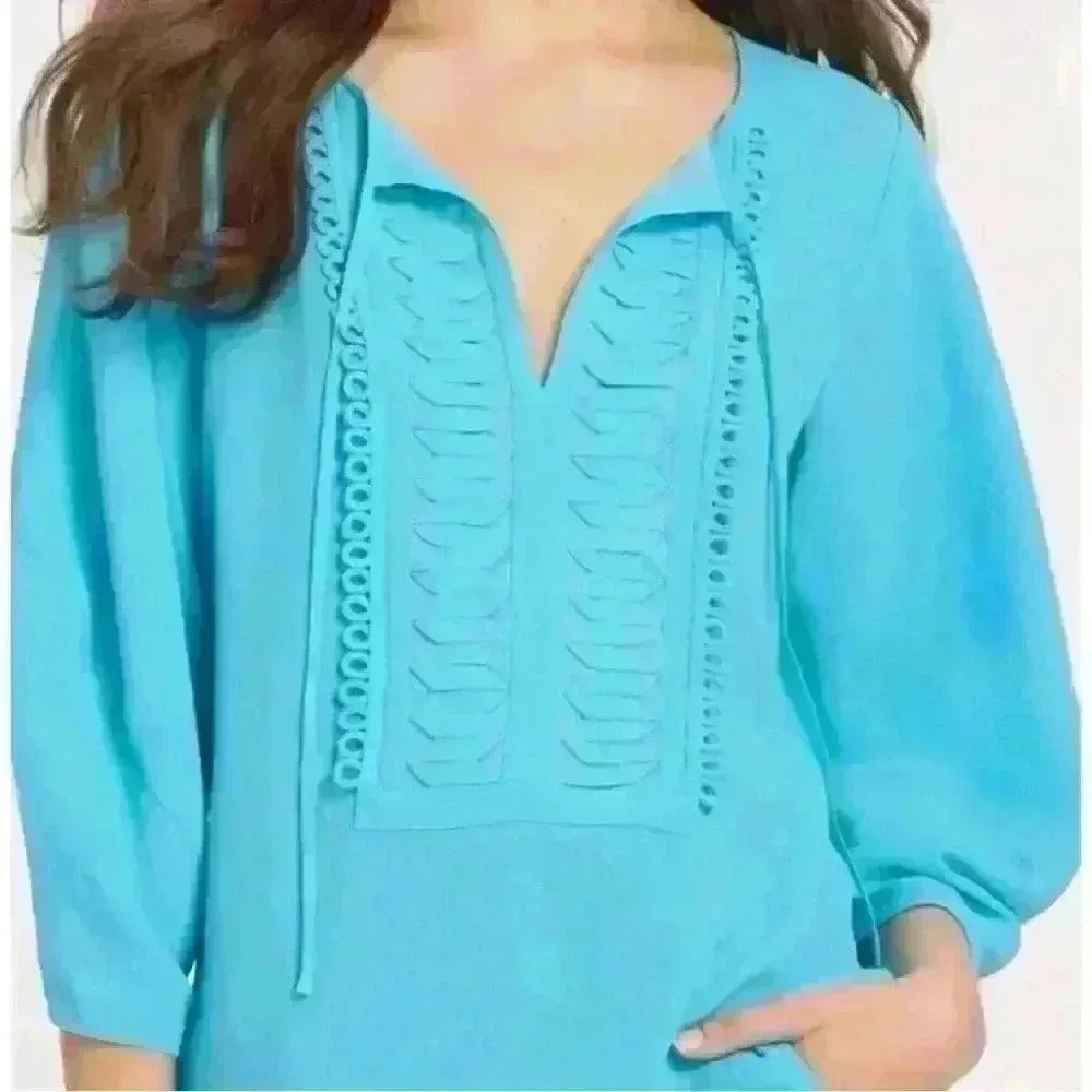 DVF iliana embellished blue peasant v neck top